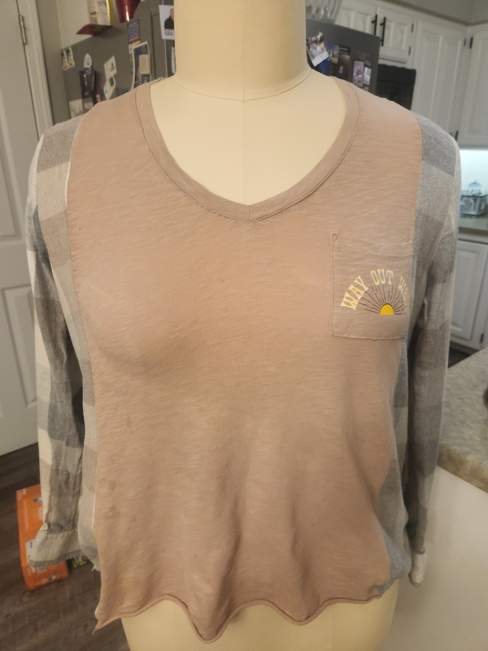 Lands' End Women's V-Neck Raglan Top in Taupe with Gray Plaid Sleeves